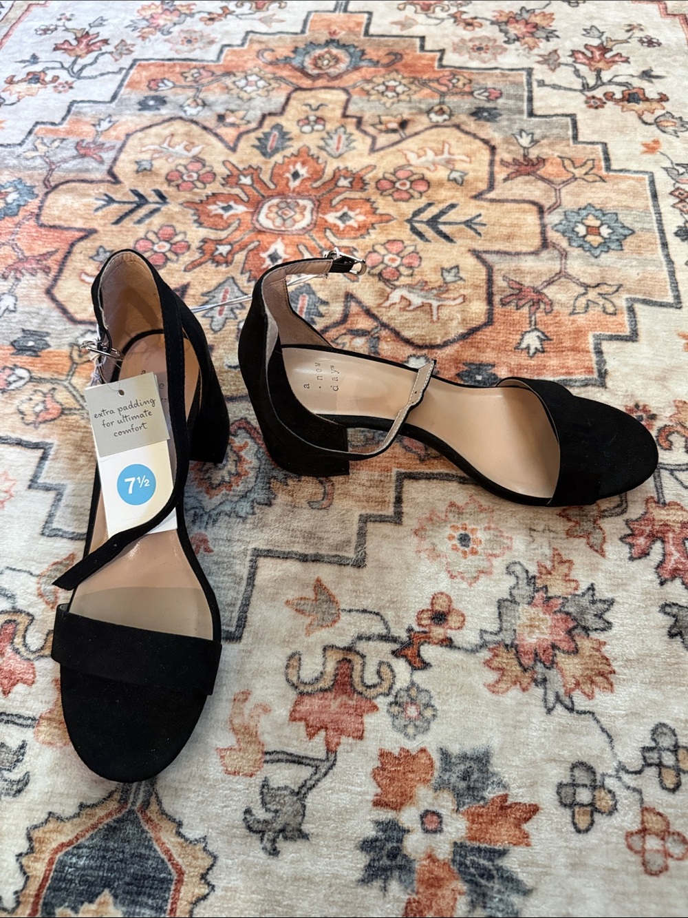 a new day Black Suede Ankle-Strap Block Heel Sandals